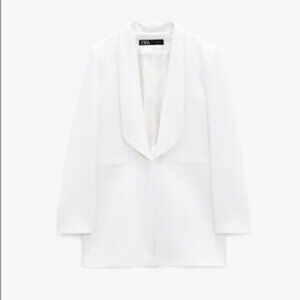 Zara Oyster White Viscose Blend Long Tuxedo Blazer Jacket M